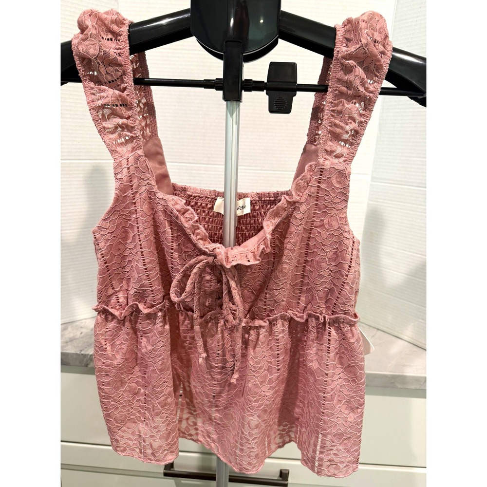 la Peche Pink Lace Smocked Square Neck Wide Strap Floral Stretch Tank Top S